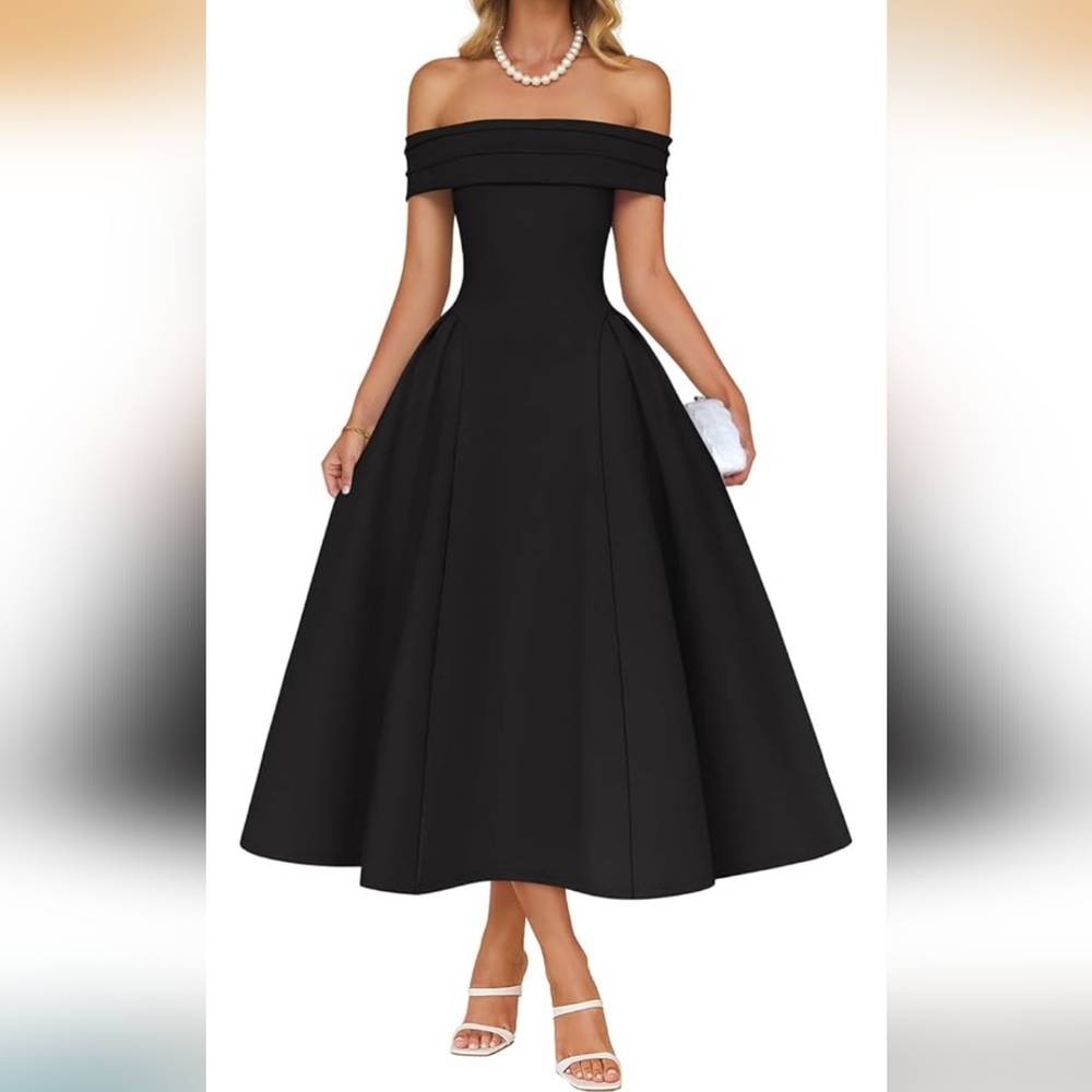 Chic Off-Shoulder Black Midi Dress - Picture 2 of 4
